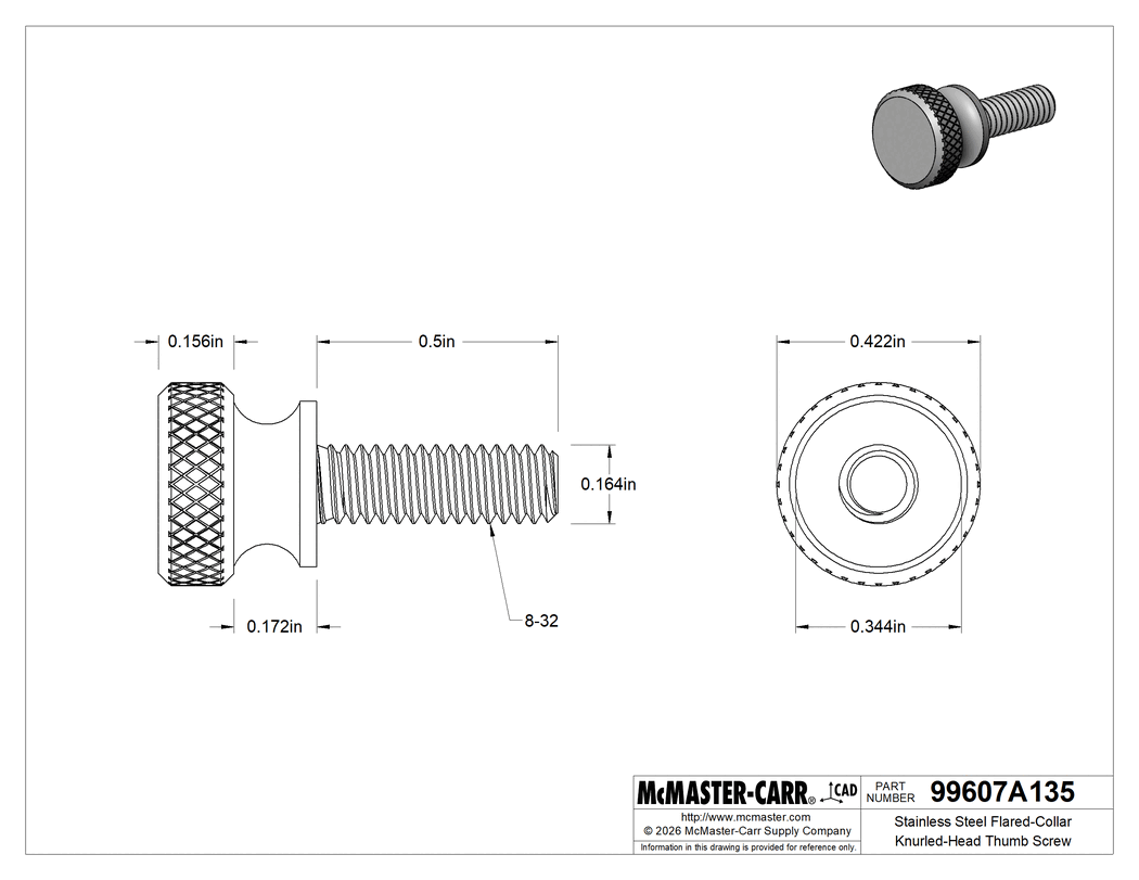 Technical Drawing of Stainless Steel Flared-Collar Knurled-Head Thumb Screw, 8-32 Thread Size, 1/2" Long.